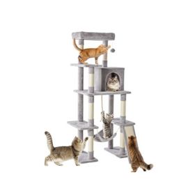 63-inch Cat Tree Tower, Large Multi-story Cat Climbing Tower, Natural Sisal Grabber Posts, Extended Platform, Hammock (Option: LIGHT GREY)