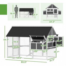 Wooden Chicken Coop With Run, 2 Nesting Boxes, 2 Roosting Bars, Ramp & Tray, Poultry Cage For 6-8 Chickens, Gray (Option: Gray White Black)
