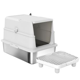 Extra Large Stainless Steel Cat Litter Box For Big Cats With Flip Cover, High-Sided Enclosure & Scoop (Option: Light Gray-620x420x210 mm)